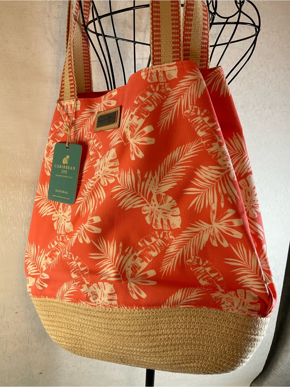 Caribbean Joe Coral Tropical Print Canvas Tote with Straw Base